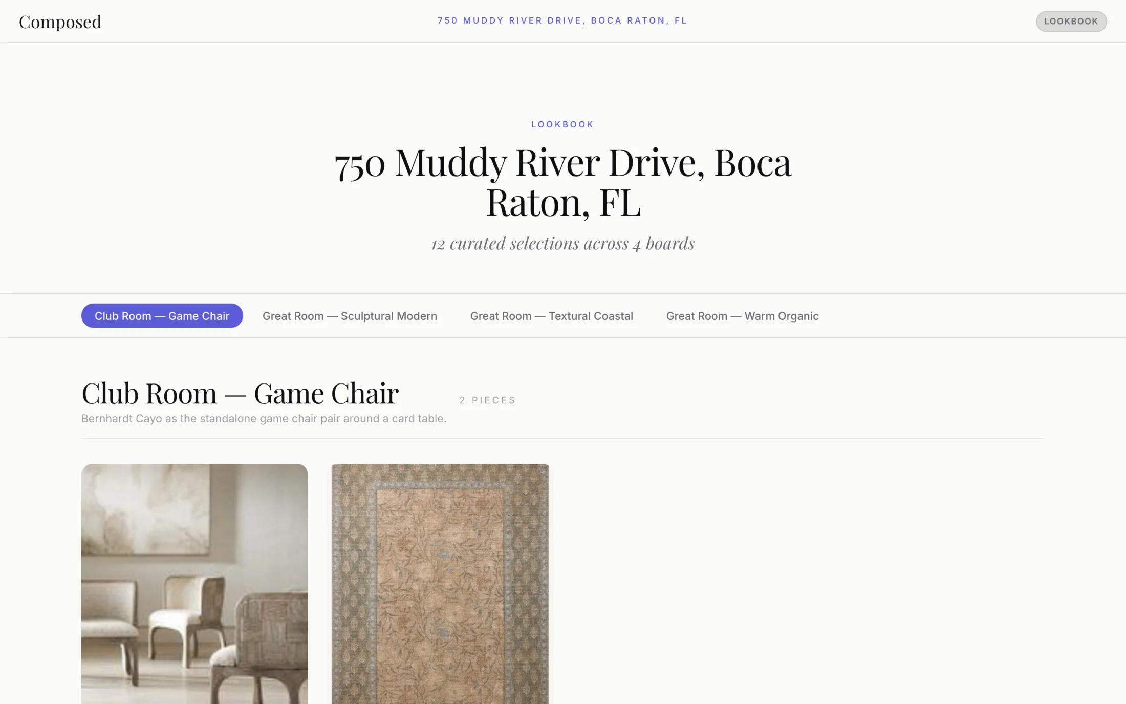 The client-facing lookbook: a clean, branded page of curated boards with no internal pricing